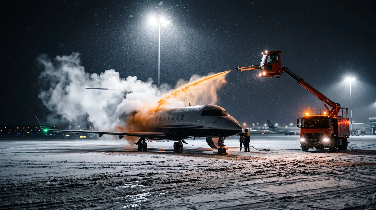 A business jet being de-iced at night, clouds of spray lit by floodlights