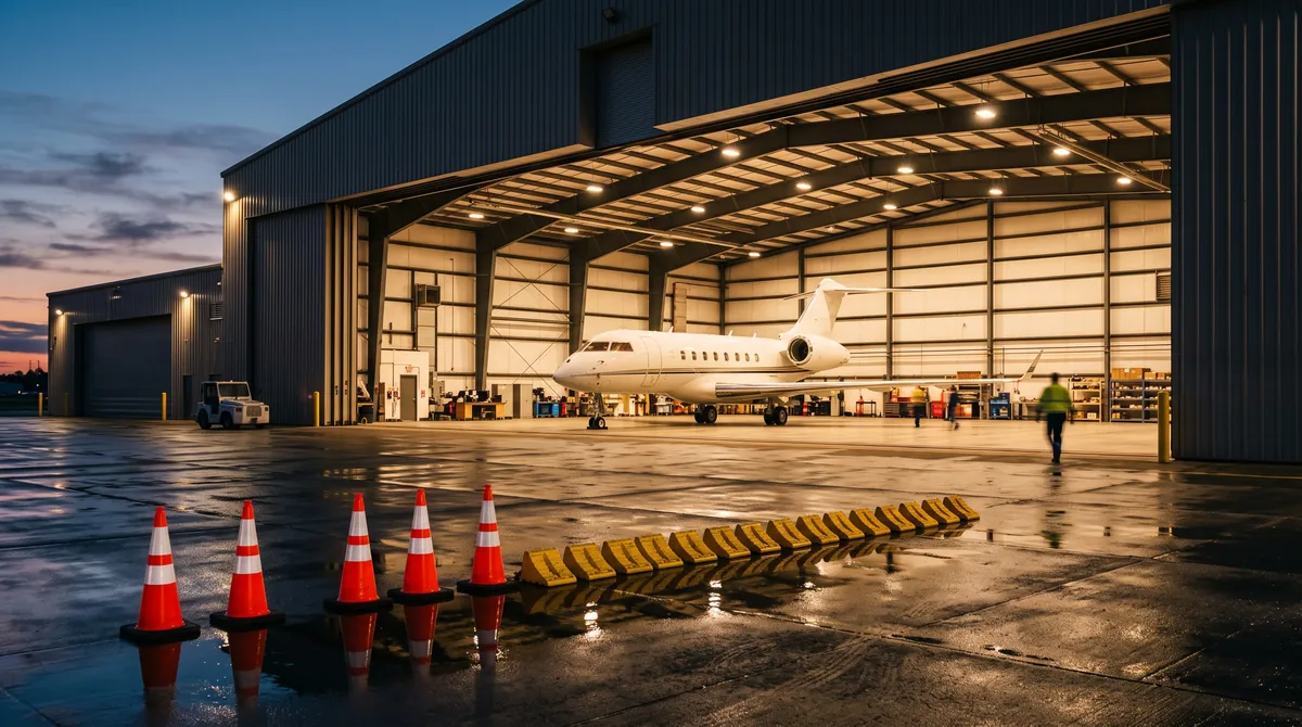 A lit hangar at dusk with a business jet inside and safety cones on the wet apron
