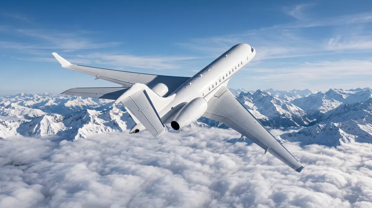 A large business jet flying above a sea of clouds with snowy Alpine peaks