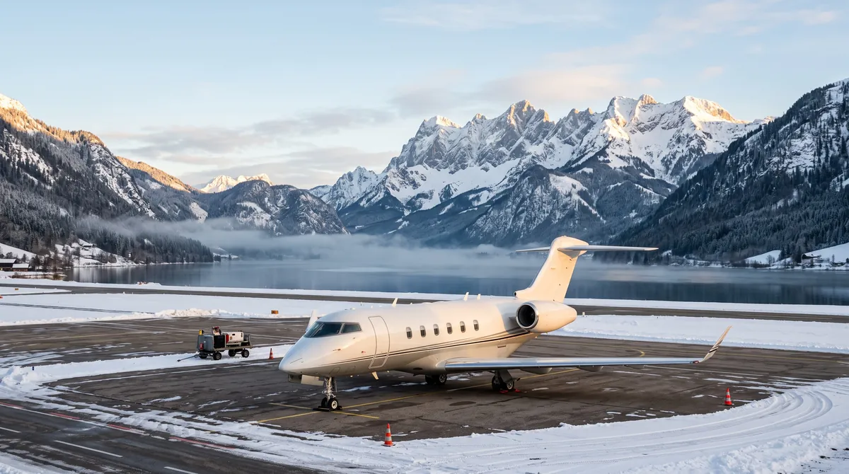 A private jet on a snowy apron in an Alpine valley under jagged peaks
