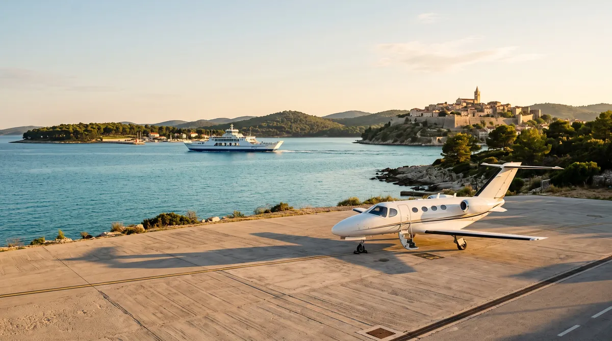 A private jet on an apron by the Mediterranean coast with a hilltop old town across the water