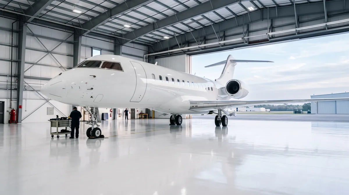 A large business jet in a bright, spotless hangar with the doors open to the morning sky