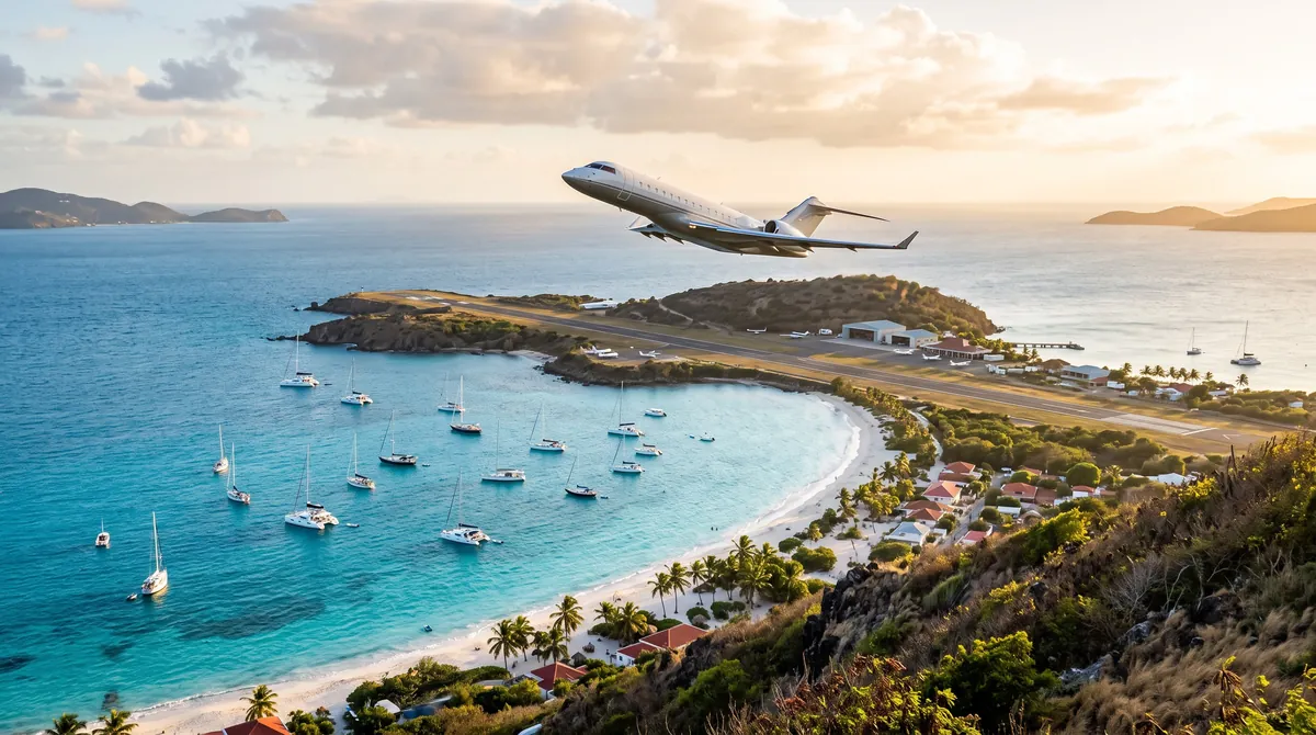 A private jet flying low over a bay with sailing boats and a sandy beach