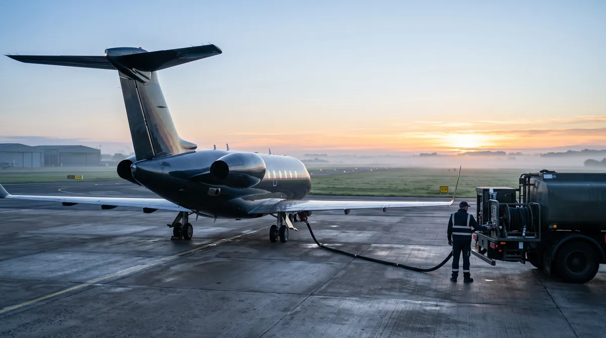A business jet being refuelled from a fuel truck on the apron at sunset