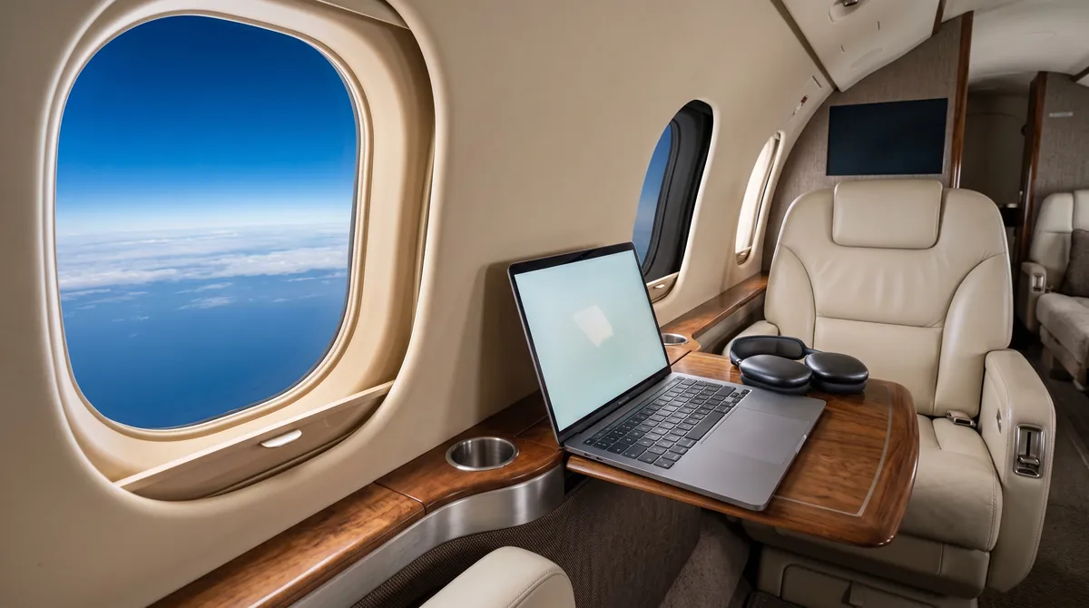 A laptop on a walnut side table beside a leather seat and an oval window above the clouds