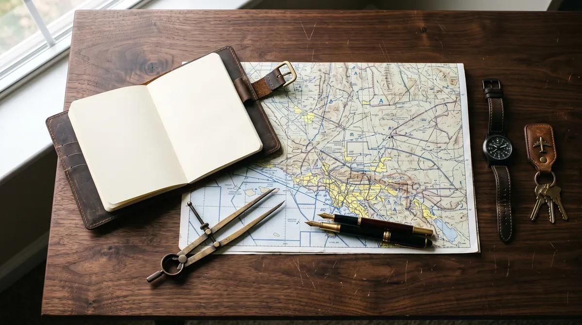 A leather notebook, a folded map, a fountain pen and a wristwatch on a dark wooden desk