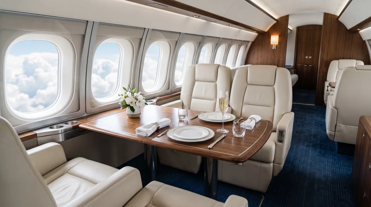 A private jet cabin with cream leather club seats around a walnut table set with porcelain and a glass of champagne