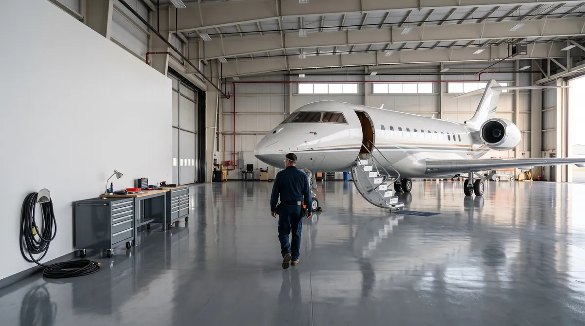 A pilot walking across a polished hangar floor towards a business jet with its airstair lowered