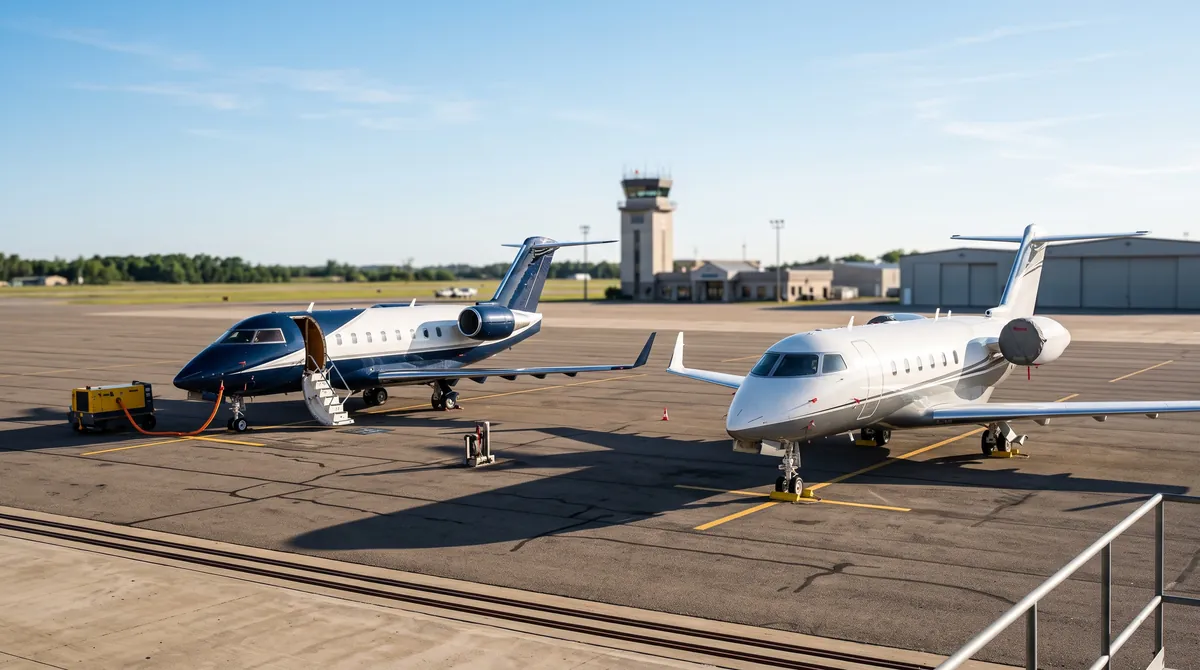 Two business jets on an apron in front of an airport control tower